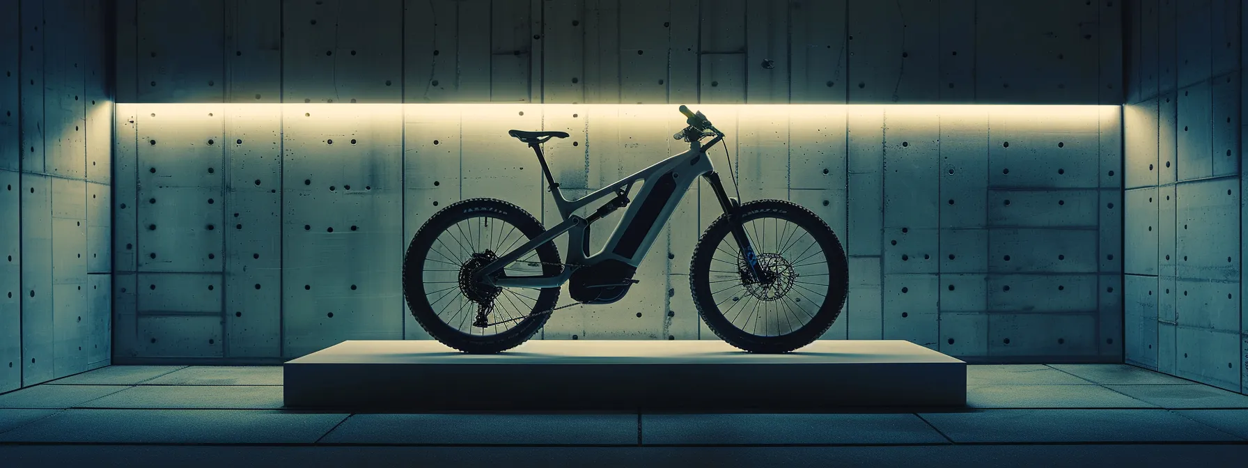 a pristine electric bike, elevated on a sleek stand and glowing softly under warm indoor lighting, showcases its well-maintained features and polished surfaces, embodying the essence of careful long-term storage and readiness for adventurous rides.