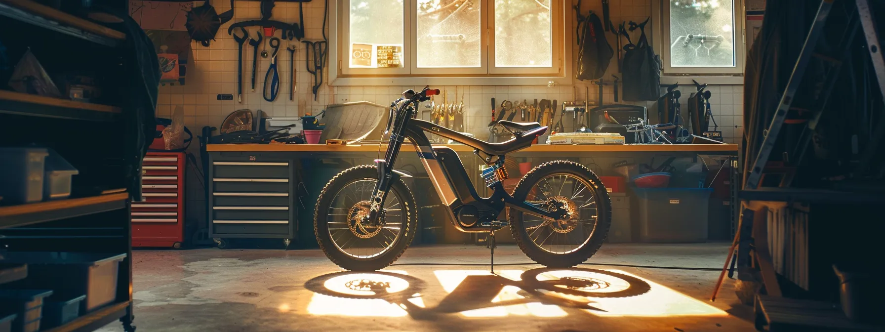a sleek electric bike rests in a sunlit garage, highlighted by a glowing battery display, while tools for maintenance and battery health check lie neatly arranged in the background, conveying the essence of optimal performance care.