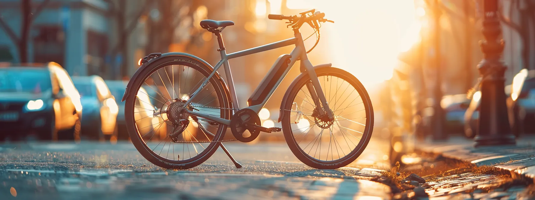 a sleek electric bike stands against a vibrant backdrop of a sunlit urban street, its shimmering frame reflecting the warm light as the intricate wiring and electronic components are highlighted, showcasing the precision of its electrical system in a moment of inspection.