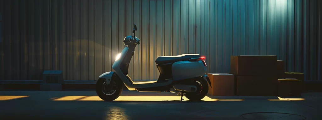 a sleek electric scooter gleams under soft natural lighting, positioned at an urban crossroads, with shipping boxes subtly stacked in the background, symbolizing the hidden costs of modern mobility.