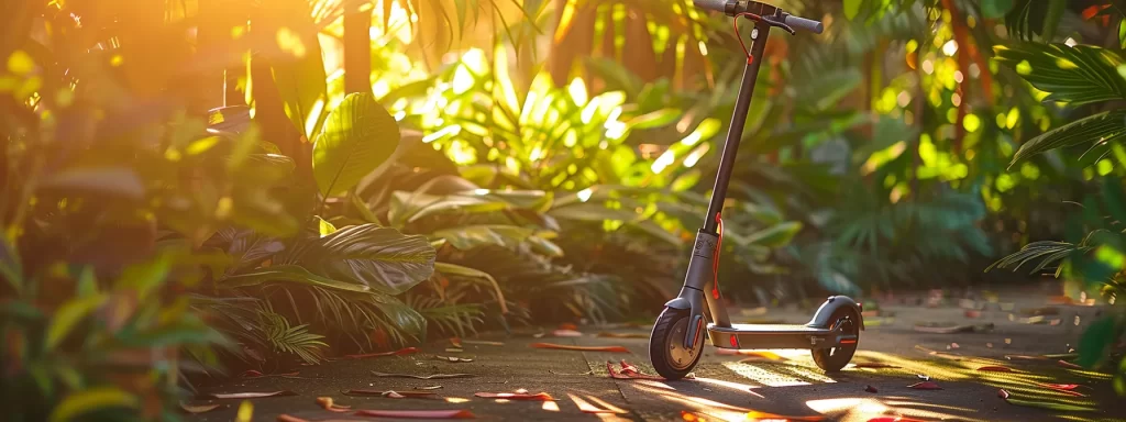 a vibrant electric scooter gleams in the sunlight, parked against a backdrop of lush greenery, symbolizing longevity and eco-friendly transportation.